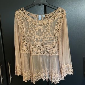 Pink Melo Taupe Lace & Embroidered Boho Long Sleeve GORGEOUS Blouse Sz XL